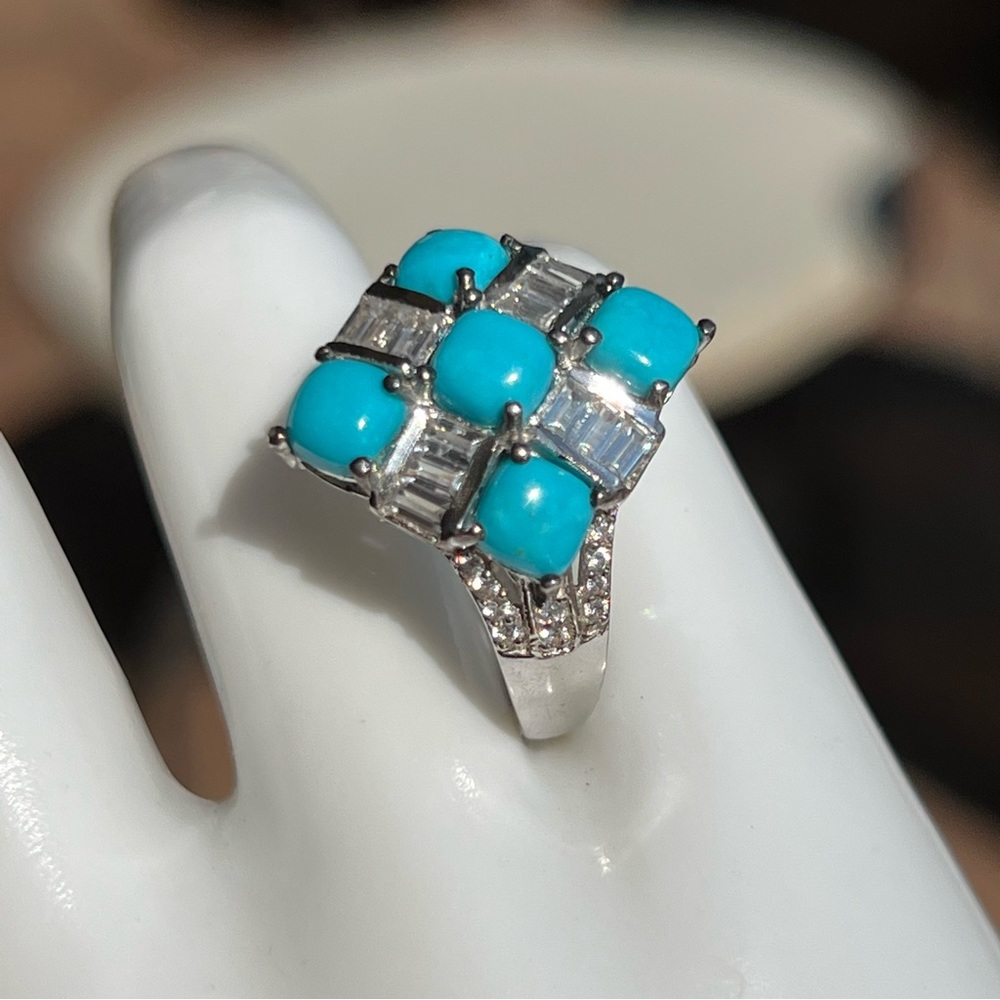 Arizona Sleeping Beauty Turquoise and Zircon Checkered Sterling Silver R… - Picture 11 of 14